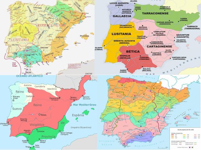 Left to right: Iberian tribes and early Roman provinces (c. 200 BCE – c. 300 CE); later Roman provinces (c. 300 – 410); Germanic Iberia (c. 500); the "reconquista" (c. 750-1492) after the Arab conquest of the peninsula in 711-14.